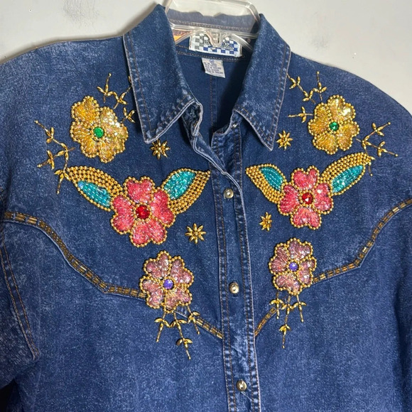 Vintage Pretty Bleu Blue Acid Washed Denim Beaded Sequin Embellished Shirt Sz M - Picture 2 of 5